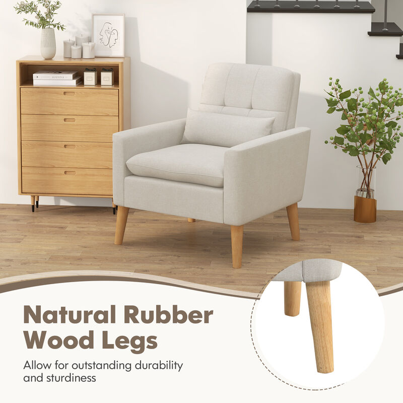 Accent Chair with Lumbar Pillow Natural Rubber Wood Legs Padded Cushions