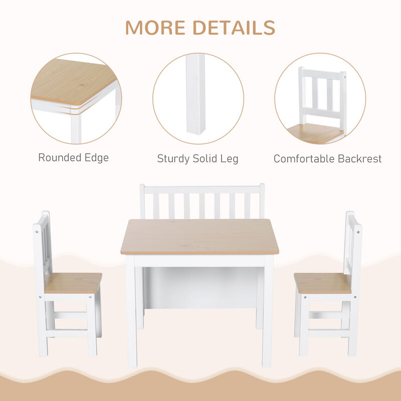 Qaba 4-Piece Kids Table Set with 2 Wooden Chairs, 1 Storage Bench, and Interesting Modern Design, Grey/White