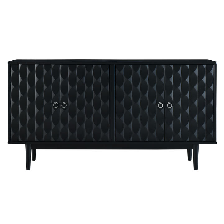Clihome Modern 4-door Sideboard with Convex Pattern Doors and 2 Silver Handle for Living Room, Dining Room, Kitchen (Black)