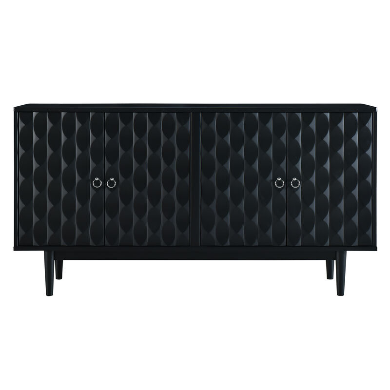 Clihome Modern 4-door Sideboard with Convex Pattern Doors and 2 Silver Handle for Living Room, Dining Room, Kitchen (Black)
