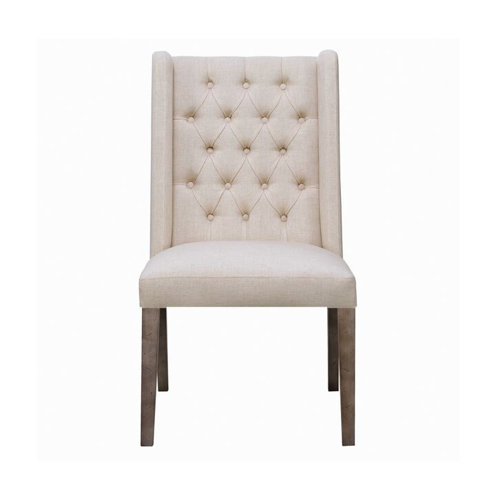 Neli 22 Inch Dining Chair, Set of 2, Wingback, Button Tufted, Beige Fabric-Benzara