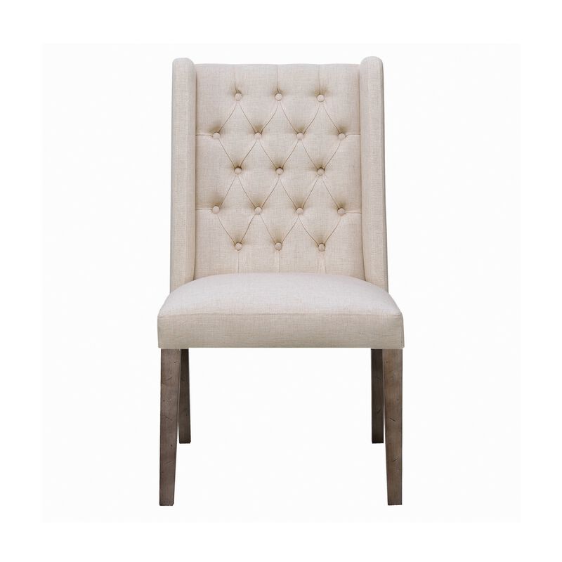 Neli 22 Inch Dining Chair, Set of 2, Wingback, Button Tufted, Beige Fabric-Benzara