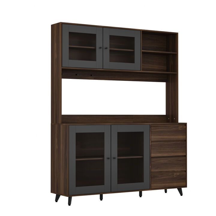 Brown Large Kitchen Pantry Cabinet Buffet with 4-Drawers Hooks Open Shelves and Glass Doors