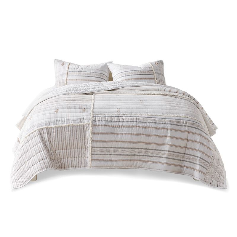 Gracie Mills Zander 3-Piece Stripe Printed Cotton Quilt Set with Trims