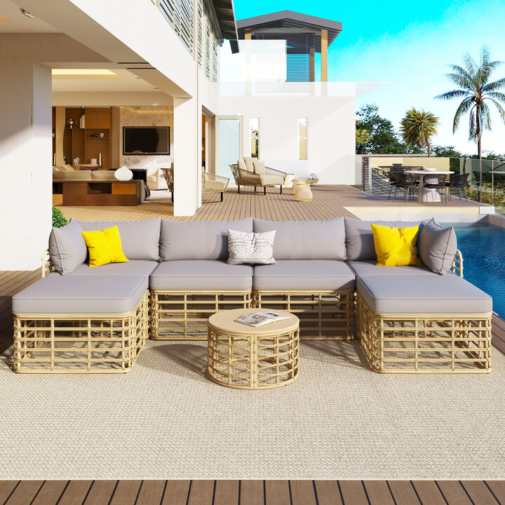 Whisen All-Weather Rattan Sectional Sofa Set with Thick Cushions and Pillows, Freely Combined Conversation Sets