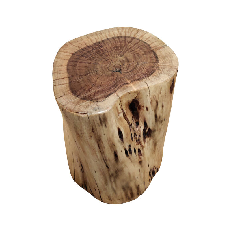 17 Inch Accent Stump Stool End Table, Live Edge Acacia Wood Log with Grain and Knot Details, Natural Brown-Benzara