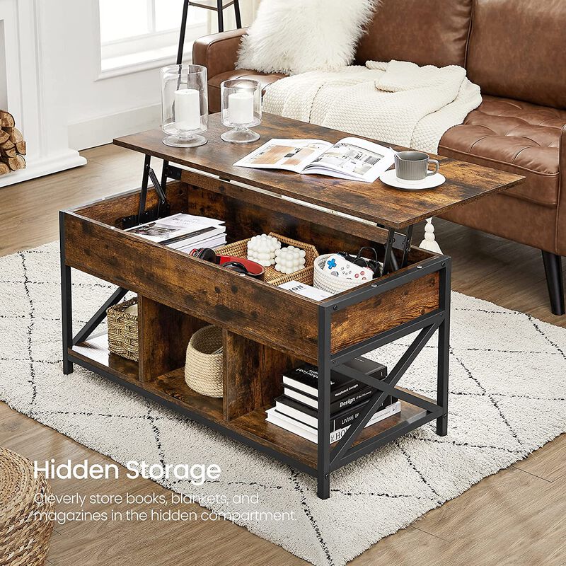 Modern Lift Top Coffee Table - Hidden & Open Compartments with X-Shaped Steel Frame