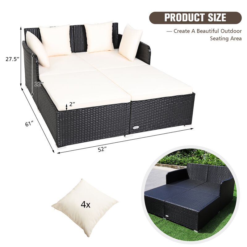 Spacious Outdoor Rattan Daybed with Upholstered Cushions and Pillows