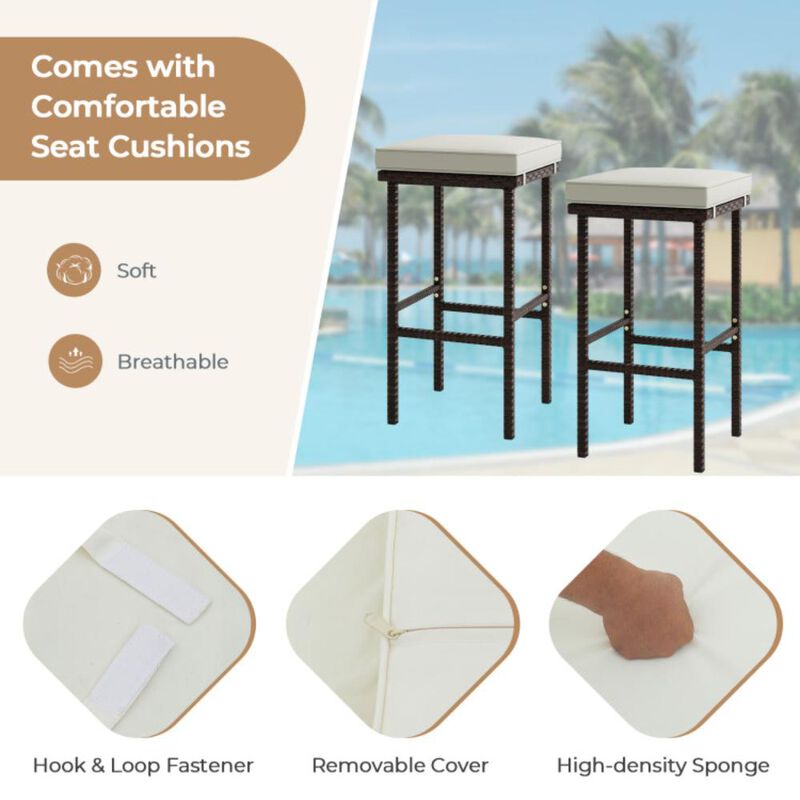 Hivvago Patio Wicker Bar Stools Set of 2 with Seat Cushions and Footrest