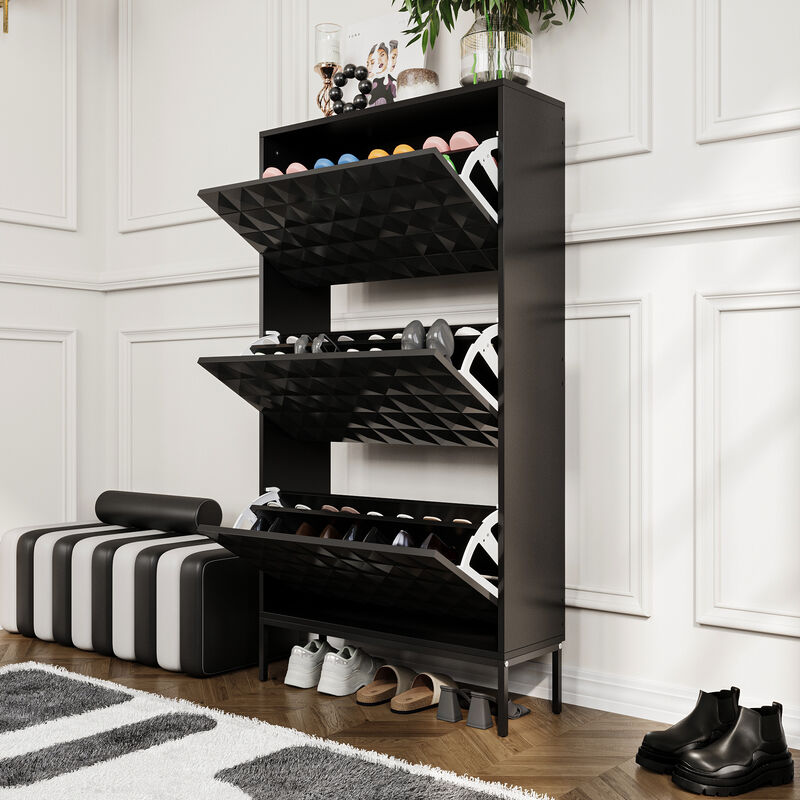 FUFU&GAGA Black Flip-Drawer Shoe Cabinet with Double Plastic Racks and Anti-Tip Kit (26.7" W x 9.3" D x 51.7" H), Black