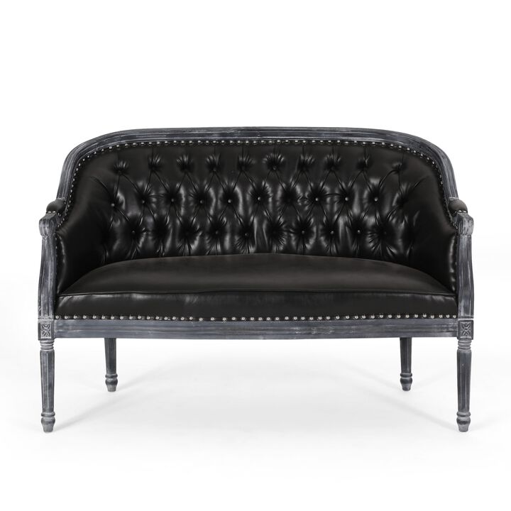 Sofa, 50 Inch, Button Tufted Design, Birch Wood, Black Faux Leather - Benzara