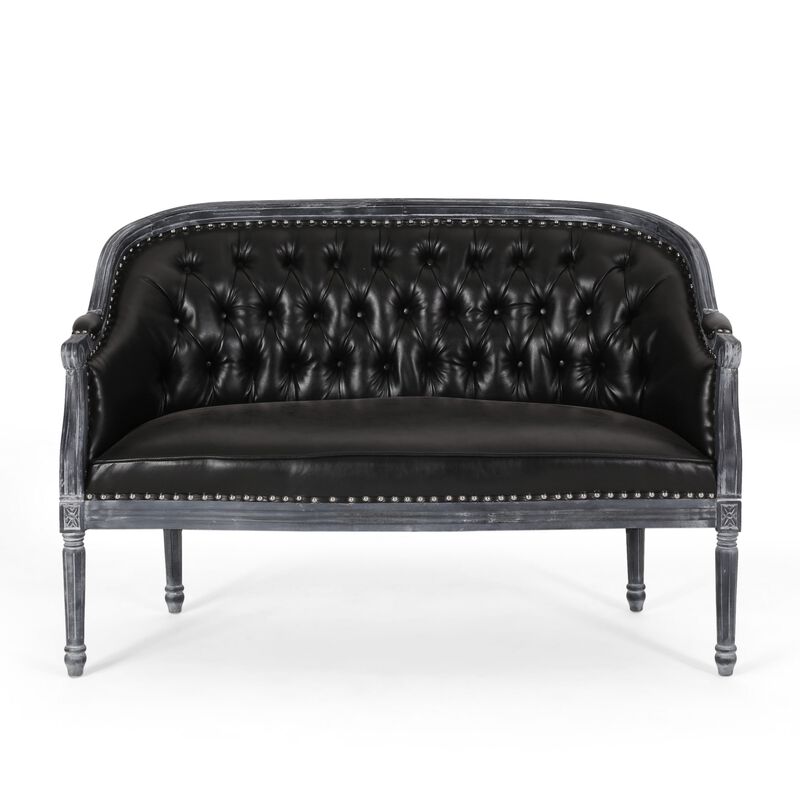 Sofa, 50 Inch, Button Tufted Design, Birch Wood, Black Faux Leather - Benzara