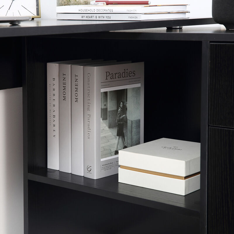 180 Rotating Corner Desk with Storage Shelves and Drawer, Black