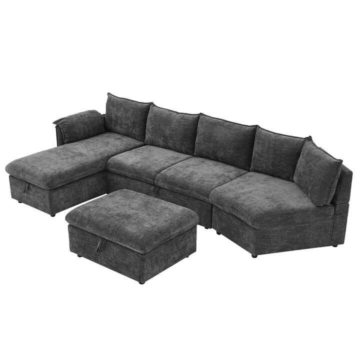 146.9" L-shaped Sofa Sectional Sofa Couch Pull-out Sofa Bed with a Movable Storage Ottoman, a Storage Chaise Lounge and Two USB Ports for Living Room, Beige