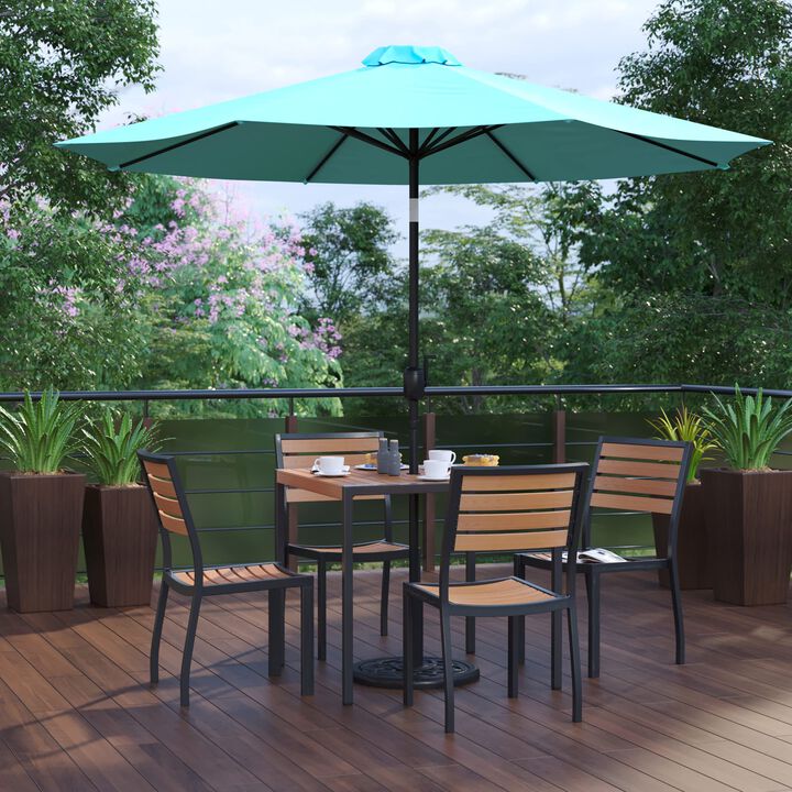 Flash Furniture 7 Piece Patio Table Set - 4 Synthetic Stackable Faux Teak Chairs - 35" Square Faux Teak Table - Tan Umbrella with Base