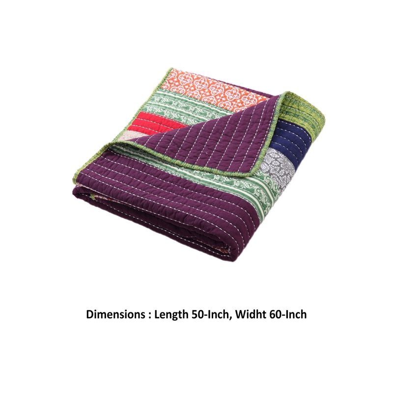 60 Inch Cotton Throw Blanket, Multi Color Stripes, Kantha Hand Quilting-Benzara