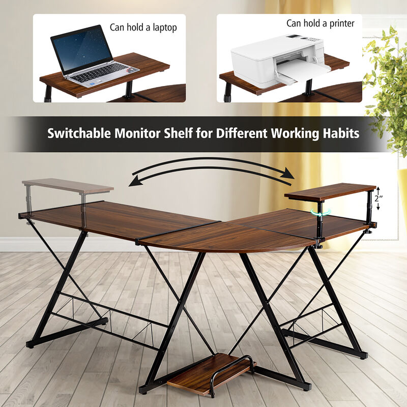 Costway 58'' x 44'' L-Shaped Computer Gaming Desk w/ Monitor Stand & Host Tray Home Office Antique