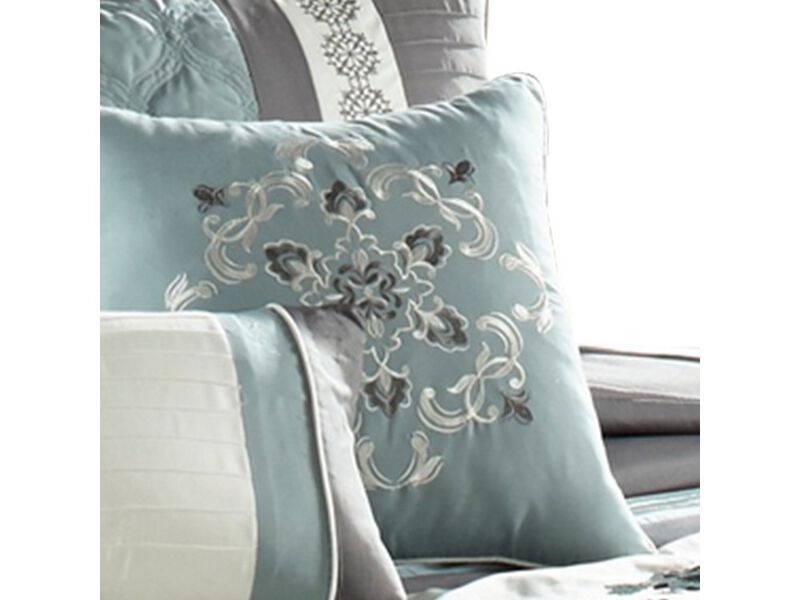 7 Piece King Polyester Comforter Set with Floral Details, Blue and Gray - Benzara