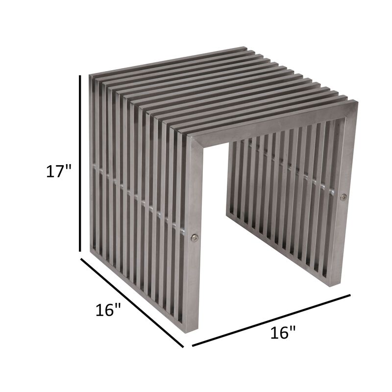 Meza 17 Inch Accent Stool, Waterfall Silver Slatted Panel Frame - Benzara