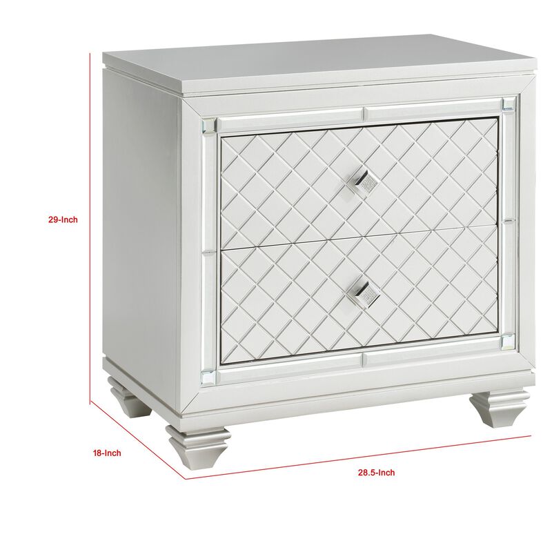Piros 29 Inch 2 Drawer Nightstand, Diamond Pattern, Mirrored Frame, Silver-Benzara