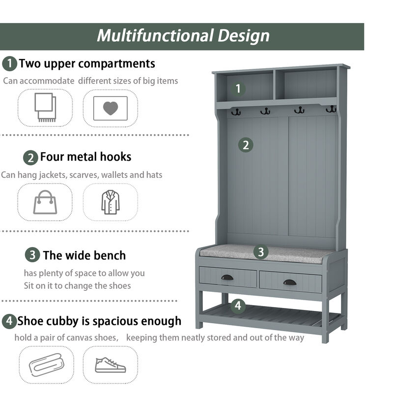 68.5 in. Gray Wood 3-in-1 Hall Tree Coat Rack Storage Bench with 4-Metal Double Hooks and 2-Drawers, Shelves