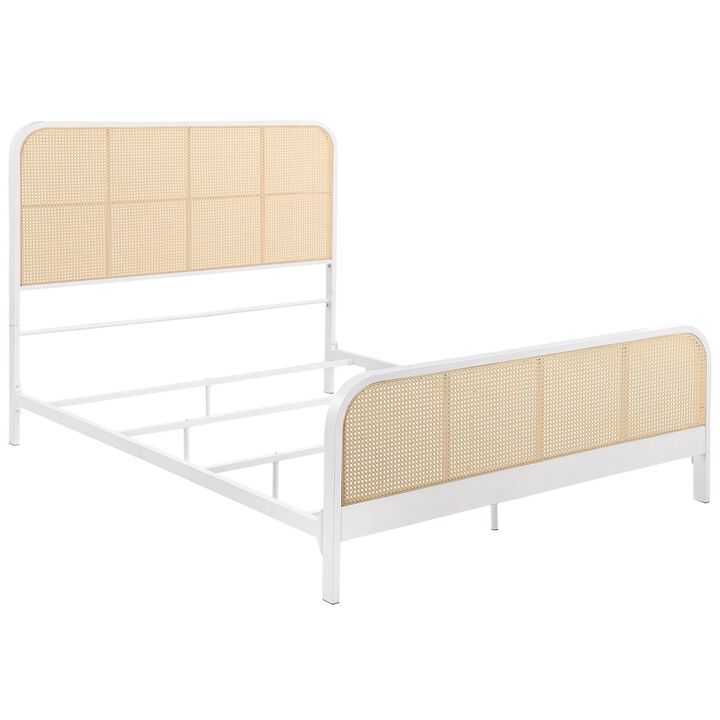 Lanie Queen Bed with Brown Open Cane Webbing Faux Rattan, White Metal  - Benzara