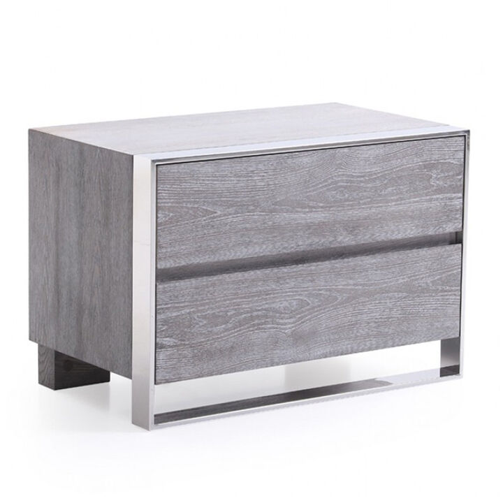 2 Drawer Rectangular Nightstand with Stainless Steel Legs, Gray-Benzara