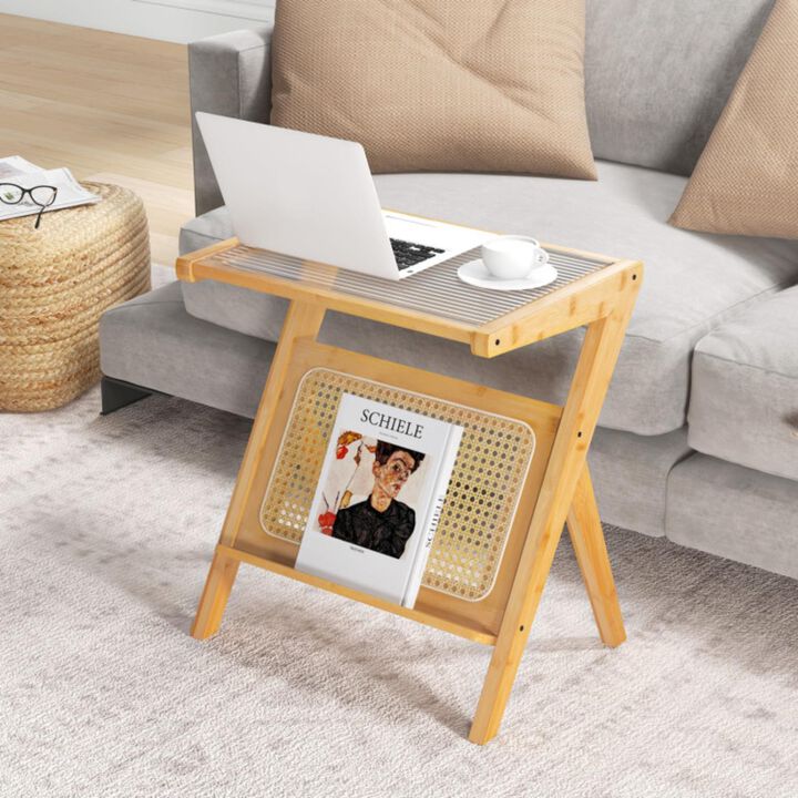 Hivvago Boho End Table with Magazine Rack and Tempered Glass Top