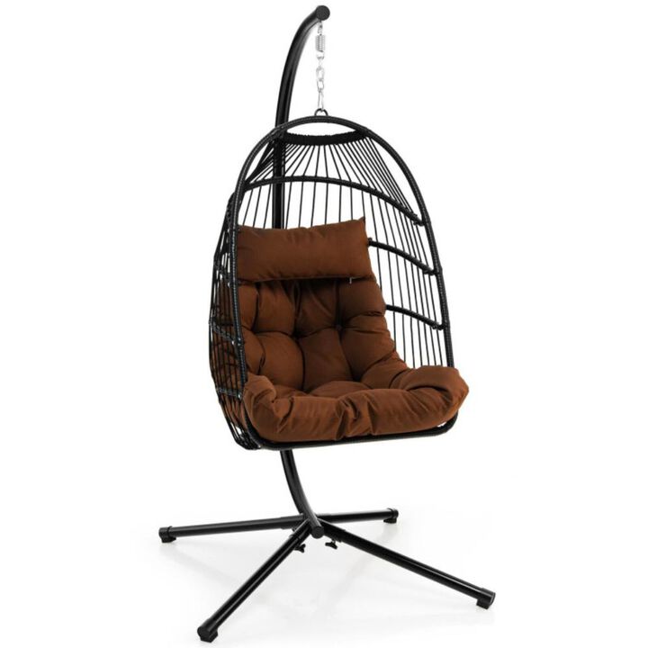 Hivvago Patio Hanging Egg Chair with Stand Waterproof Cover and Folding Basket