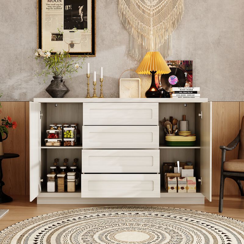 FUFU&GAGA Natural Wood Storage Cabinet with 4 Drawers and 2 Doors, MDF & Rubberwood Construction (55.1" W x 33.9" H x 15.7" D), Grey