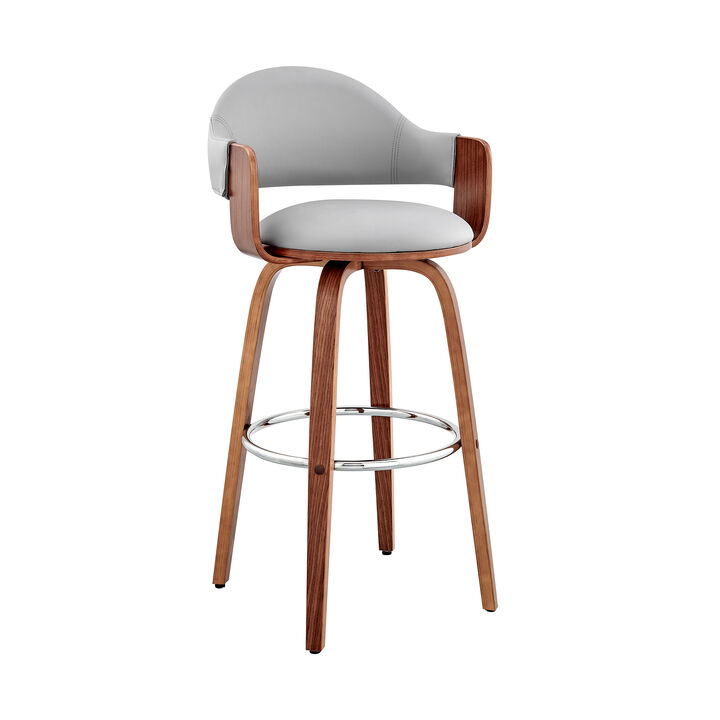 26 Inch Leatherette Barstool with Curved Back, Gray and Brown-Benzara