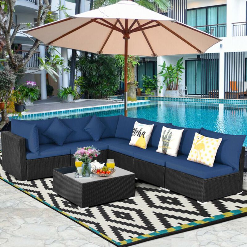 Hivvago 7 Pieces Sectional Wicker Furniture Sofa Set with Tempered Glass Top Coffee Table