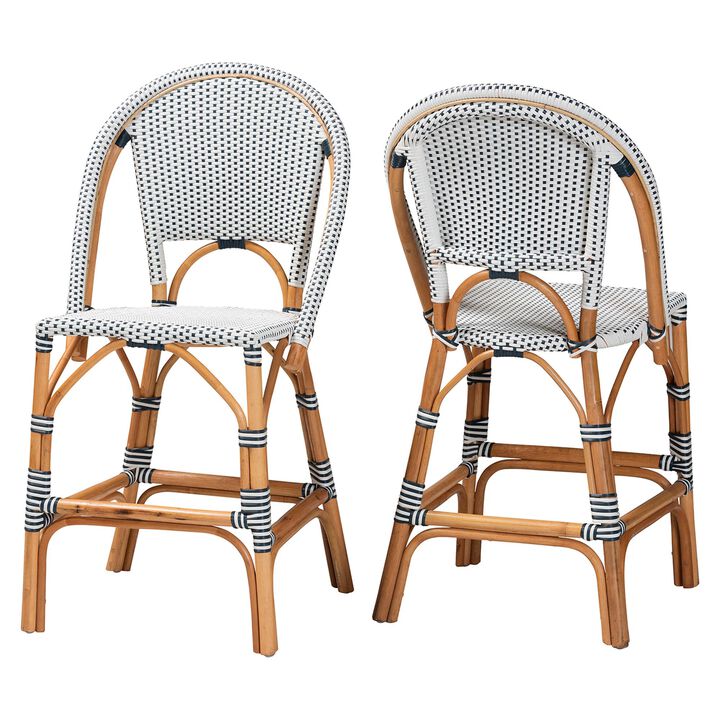bali & pari Genica Classic French Two Tone Navy and White Weaving and Natural Rattan 2 Piece Counter Stool Set