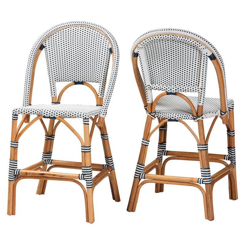 bali & pari Genica Classic French Two Tone Navy and White Weaving and Natural Rattan 2 Piece Counter Stool Set