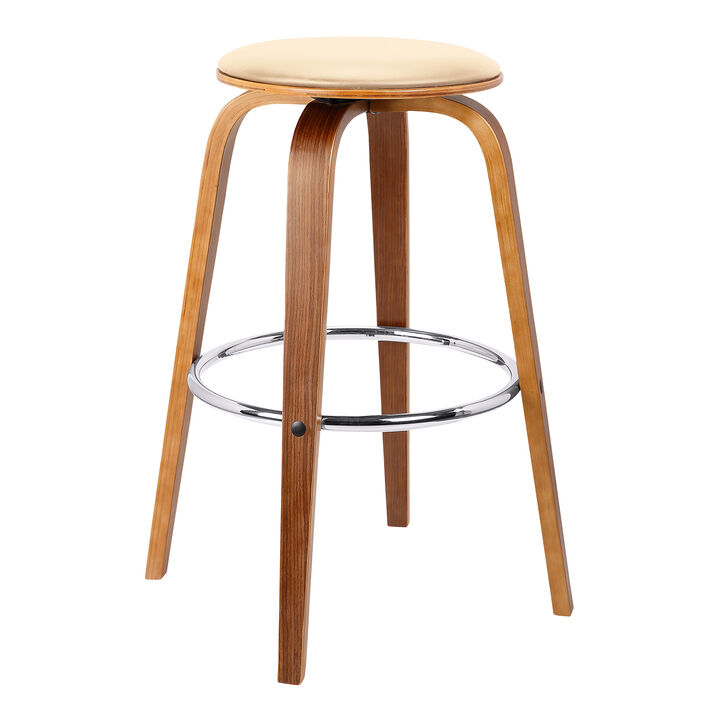 Harbor Bar Height Backless Swivel Brown Faux Leather and Walnut Wood Mid-Century Modern Bar Stool