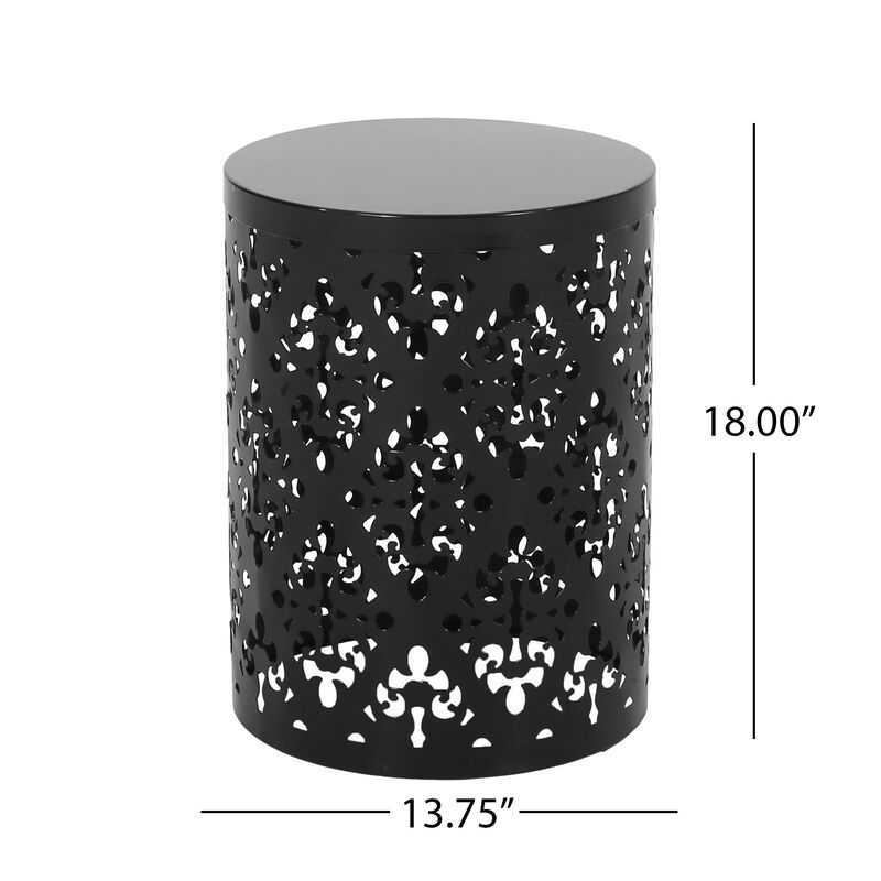 Kemo Outdoor End Table, Round 14 Inch, Cutout Design, Black Iron Frame - Benzara