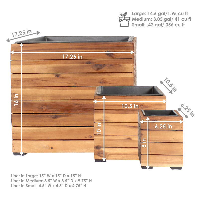 Sunnydaze 3-Piece Acacia Square Planter Boxes with Liners