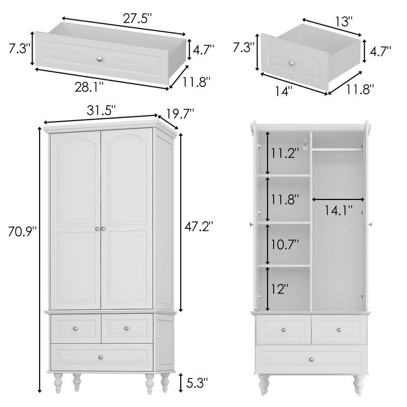 White Paint Wood 2-Door Armoires with Hanging Rod, 3-Drawers, Adjustable Shelves 70.9 in. H x 31.5 in. W x 19.7 in. D