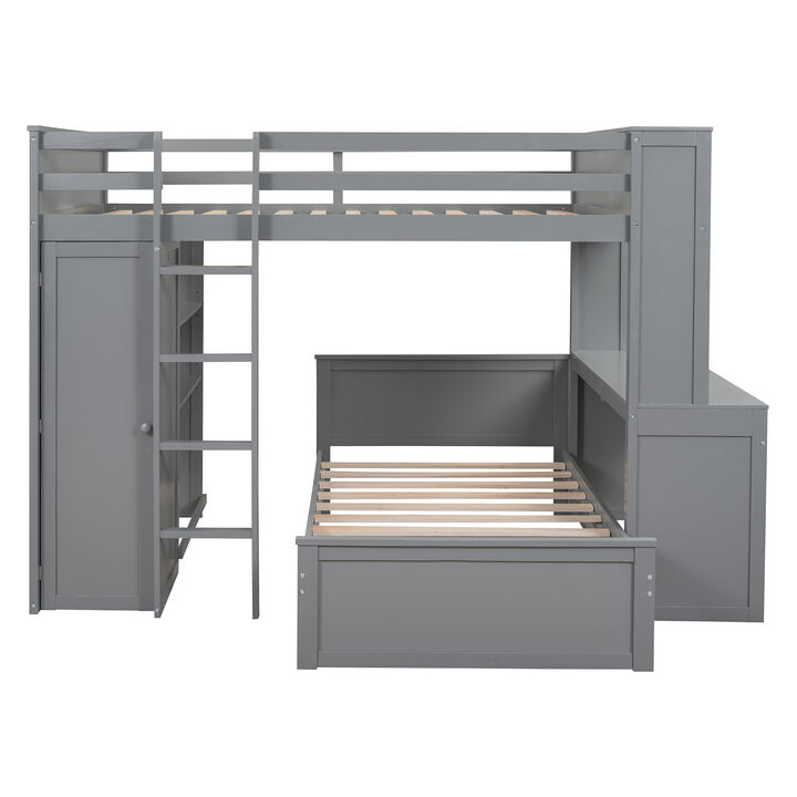 Merax Loft Bed with Storage Shelves and Wardrobe