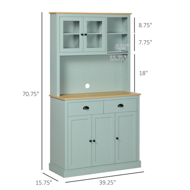 Light Blue Kitchen Cabinet: 71" Pantry with Hutch, Glass Doors