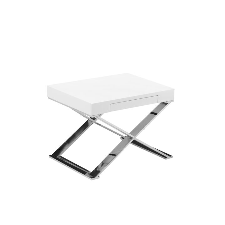Rix 21 Inch Side End Table, 1 Drawer, X Shape Steel Legs, White Wood Top - Benzara