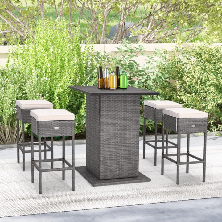 Hivvago 5 Pieces Outdoor Wicker Bar Table Set with Hidden Storage Shelves-White