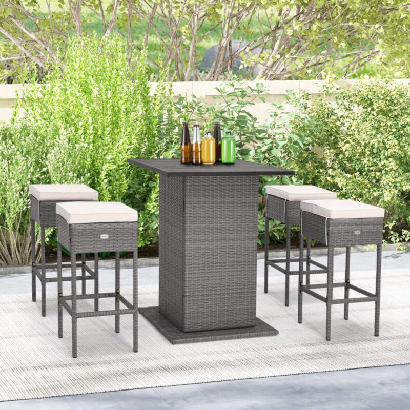 Hivvago 5 Pieces Outdoor Wicker Bar Table Set with Hidden Storage Shelves-White