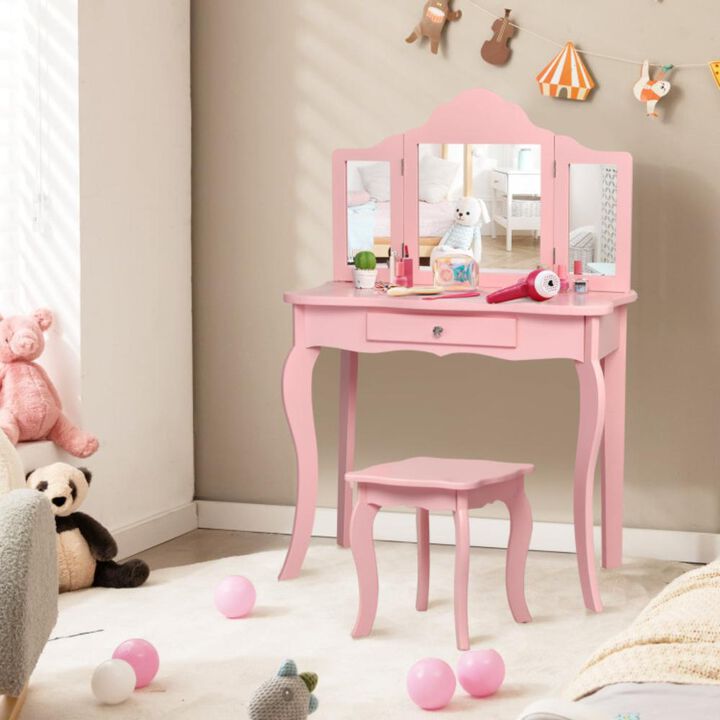 Hivvago Kids Makeup Dressing Mirror Vanity Table Stool Set-Pink