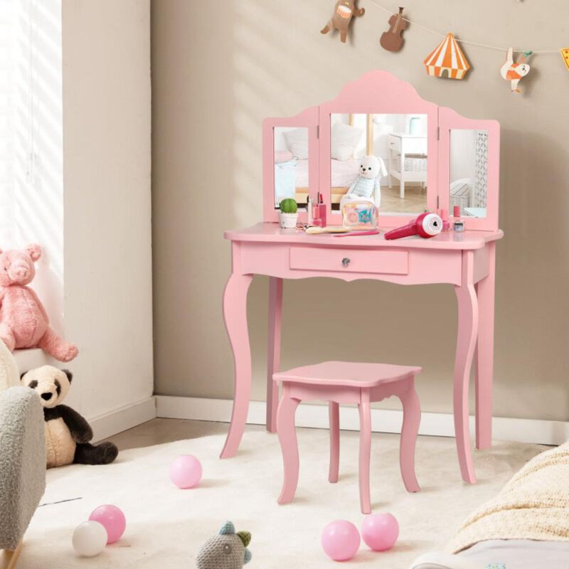 Hivvago Kids Makeup Dressing Mirror Vanity Table Stool Set-Pink