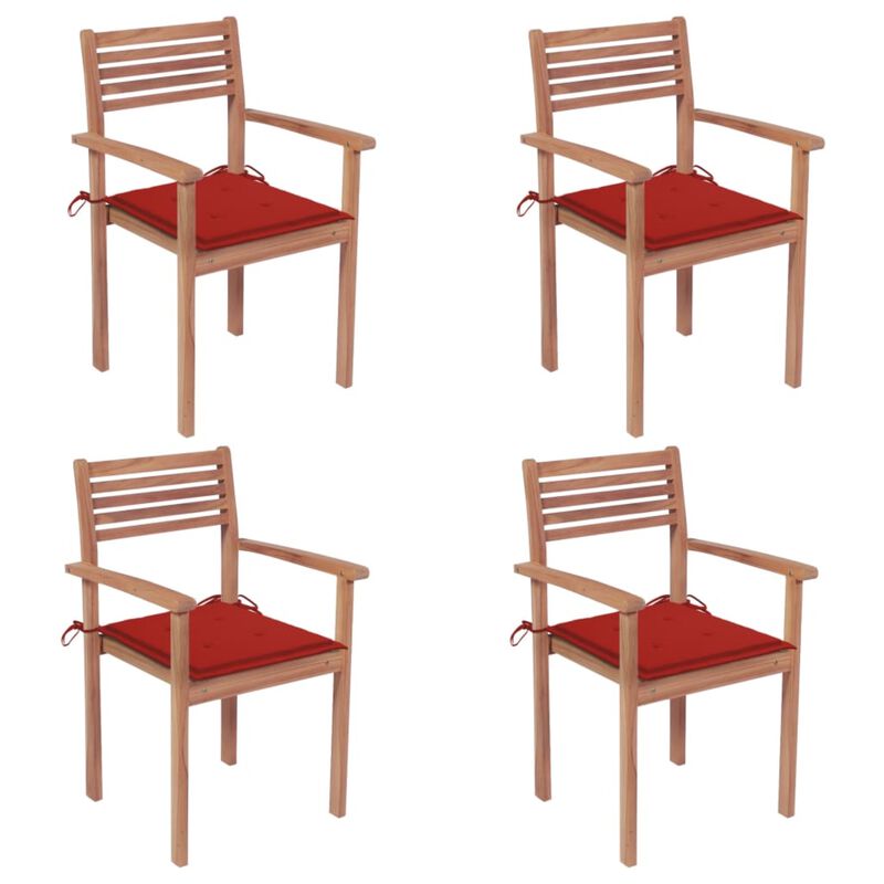 vidaXL Garden Chairs 4 pcs with Red Cushions Solid Teak Wood