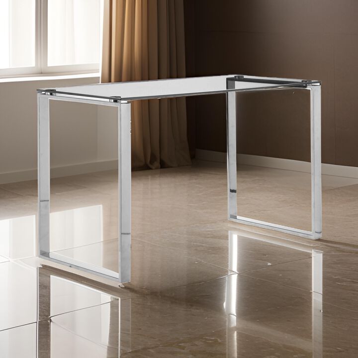Elen 47 Inch Desk, Rectangular Tempered Glass Top, High Polished Steel - Benzara