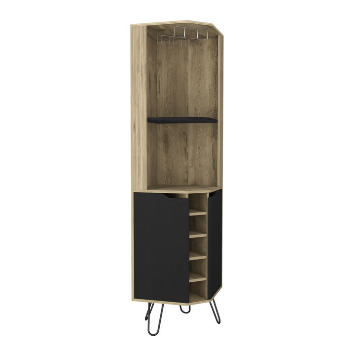 DEPOT E-SHOP Bursan Corner Cabinet Six Built-in Wine Rack, Two Shelves, Four Shelves, Macadamia / Black