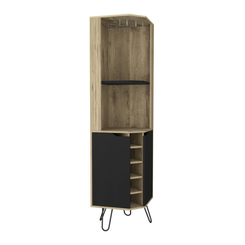 DEPOT E-SHOP Bursan Corner Cabinet Six Built-in Wine Rack, Two Shelves, Four Shelves, Macadamia / Black