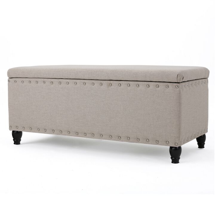 Sharon Storage Ottoman Bench, Beige Fabric, Nailhead Trim, 42 Inch -Benzara
